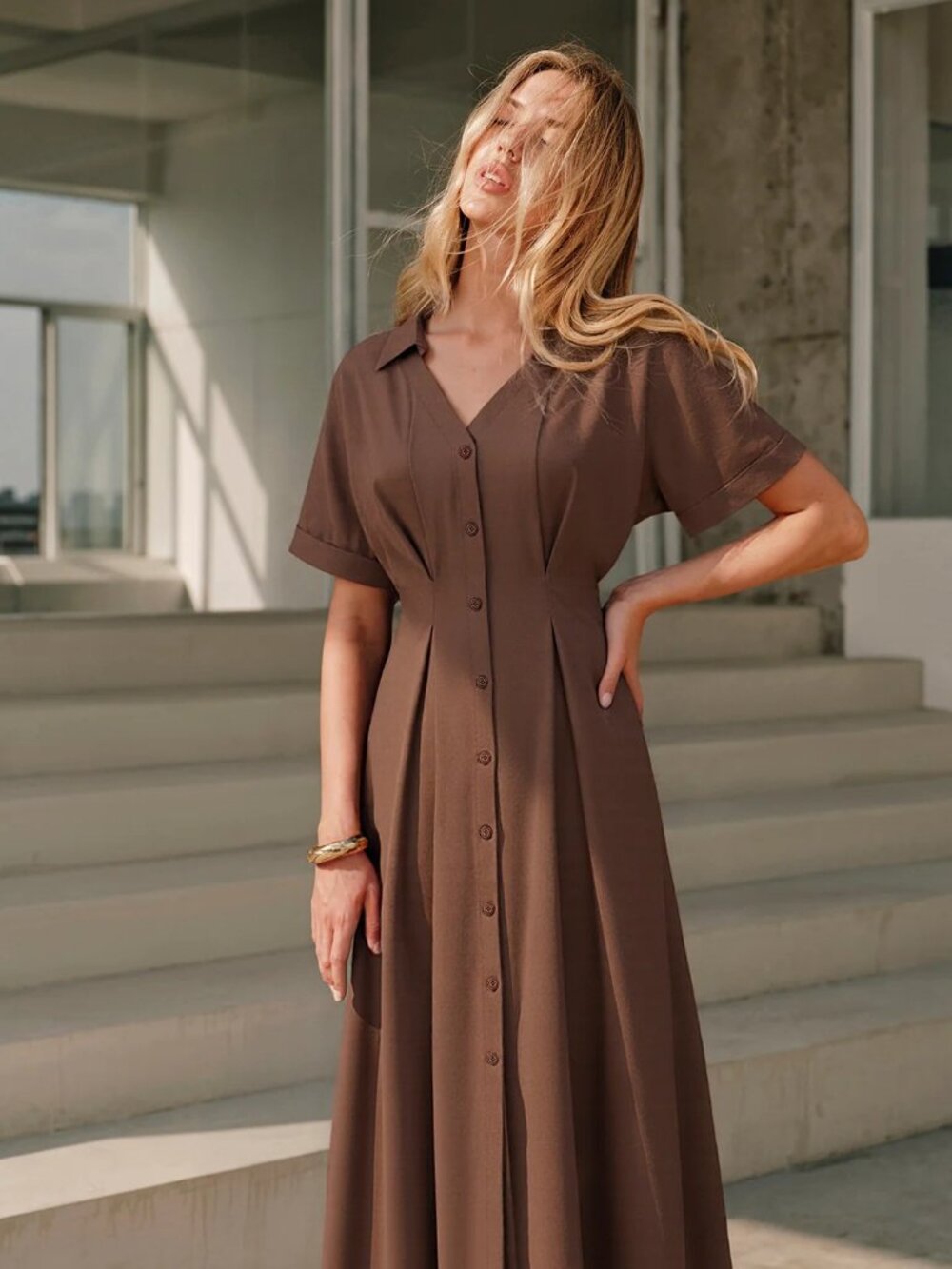 Cnmmense Pleated Button-Front Maxi  V-Neck LONG Dress Short sleeve M Brown